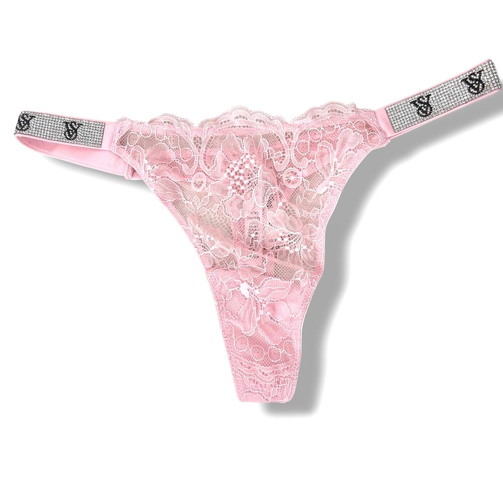 VICTORIA'S SECRET NWT Pink Lace Thong Rhinestone Straps M